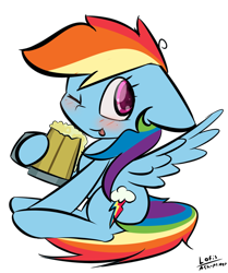 Size: 1136x1356 | Tagged: safe, artist:ask-minty, rainbow dash, pegasus, pony, g4, :p, backwards cutie mark, blushing, cider, cute, dashabetes, female, floppy ears, mare, one eye closed, simple background, solo, tankard, tongue out, transparent background, wink
