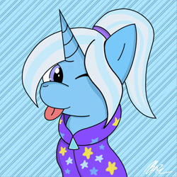 Size: 2048x2048 | Tagged: safe, artist:blazep0ny, gameloft, trixie, pony, unicorn, g4, :p, babysitter trixie, clothes, cute, female, gameloft interpretation, high res, hoodie, one eye closed, ponytail, solo, tongue out, transgender, wink