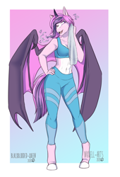 Size: 2648x3893 | Tagged: safe, artist:blackblood-queen, oc, oc only, oc:battica, alicorn, bat pony, bat pony alicorn, anthro, unguligrade anthro, alicorn oc, anthro oc, bat pony oc, bat wings, belly button, clothes, commission, digital art, fangs, female, high res, horn, leg warmers, leggings, mare, markings, midriff, pale belly, smiling, solo, sports bra, sports pants, towel, wings, workout outfit