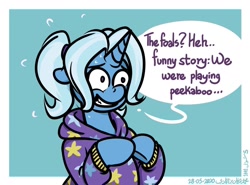 Size: 1280x948 | Tagged: safe, artist:poecillia-gracilis19, trixie, pony, unicorn, babysitter trixie, clothes, dialogue, female, floppy ears, gameloft, gameloft interpretation, hoodie, meme, pigtails, smiling, solo, speech bubble, this will not end well