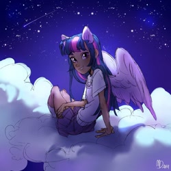 Size: 1080x1080 | Tagged: safe, artist:mmmmuda, twilight sparkle, alicorn, human, g4, clothes, cloud, eared humanization, female, humanized, looking at you, on a cloud, pony ears, shirt, shooting star, sitting, sitting on a cloud, skirt, socks, solo, stars, twilight sparkle (alicorn), winged humanization, wings