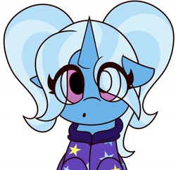 Size: 2118x2052 | Tagged: safe, artist:mrneo, gameloft, trixie, pony, unicorn, g4, babysitter trixie, clothes, cute, diatrixes, eye clipping through hair, female, floppy ears, gameloft interpretation, high res, looking at you, pigtails, solo, twintails