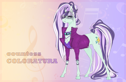 Size: 2000x1300 | Tagged: safe, artist:dementra369, coloratura, earth pony, pony, g4, abstract background, chest fluff, choker, clothes, countess coloratura, cutie mark, ear piercing, earring, female, hoers, jacket, jewelry, mare, music notes, piercing, popped collar, shirt, solo, text, veil