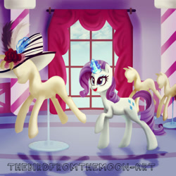 Size: 2000x2000 | Tagged: safe, artist:thebirdfromthemoon, rarity, pony, unicorn, g4, carousel boutique, female, hat, high res, magic, mannequin, mare, open mouth, solo, telekinesis, window