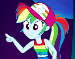 Size: 911x715 | Tagged: safe, screencap, rainbow dash, equestria girls, equestria girls specials, g4, my little pony equestria girls: better together, my little pony equestria girls: spring breakdown, baseball cap, cap, clothes, cropped, cruise outfit, female, front knot midriff, hat, midriff, pants, pointing, raised arm, sleeveless, smiling, solo, tank top