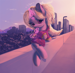 Size: 4050x3968 | Tagged: safe, artist:vultraz, trixie, pony, unicorn, g4, absurd resolution, babysitter trixie, city, clothes, crackers, cute, diatrixes, eating, female, food, hoodie, levitation, magic, peanut butter, peanut butter crackers, pigtails, solo, telekinesis, twintails
