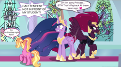 Size: 4975x2793 | Tagged: safe, artist:ejlightning007arts, fizzlepop berrytwist, luster dawn, tempest shadow, twilight sparkle, alicorn, pony, unicorn, g4, the last problem, alicornified, alternate timeline, armor, blushing, butt, butt smack, butt touch, confused, cute, eye scar, female, funny, horn, lesbian, older, older twilight, older twilight sparkle (alicorn), payback, plot, princess tempest shadow, princess twilight 2.0, race swap, raised hoof, raised leg, scar, sexy face, ship:tempestlight, shipping, spanking, speech bubble, tempest gets her horn back, tempest now has a true horn, tempesticorn, twilight sparkle (alicorn), unexpected, vector, wing slap, wings, wingspank
