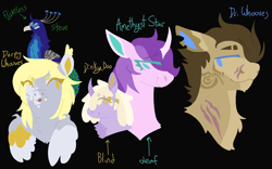 Size: 1600x1000 | Tagged: safe, artist:lepiswerid, amethyst star, derpy hooves, dinky hooves, doctor whooves, sparkler, time turner, bat pony, bird, dragon, earth pony, hybrid, peacock, pegasus, pony, unicorn, zebra, g4, adopted offspring, black background, blind, deaf, female, filly, headcanon, infertility, male, mare, pet, pet bird, pet oc, redesign, scar, simple background, stallion, text