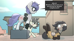 Size: 2857x1607 | Tagged: safe, artist:triplesevens, oc, oc only, oc:longfolia, oc:short fuse, oc:triple sevens, earth pony, pony, unicorn, armor, bag, building, day, destroyed building, dialogue, face paint, outdoors, saddle bag, speech bubble, text, wasteland