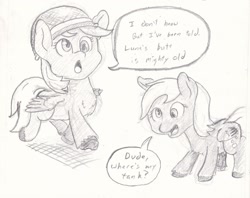 Size: 1712x1355 | Tagged: safe, artist:lost marbles, derpy hooves, pegasus, pony, g4, dialogue, helmet, marching, pencil drawing, traditional art