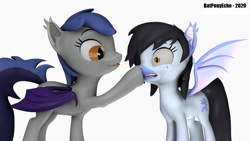 Size: 1280x720 | Tagged: safe, artist:batponyecho, oc, oc only, oc:echo, oc:mitzy, bat pony, pony, 3d, bat pony oc, bat wings, boop, coronavirus, covid-19, duo, female, mare, simple background, source filmmaker, spread wings, tail, white background, wings