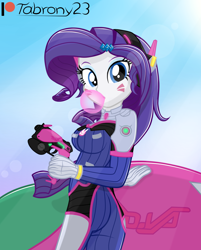 Size: 1224x1522 | Tagged: safe, artist:tabrony23, rarity, equestria girls, g4, bubblegum, chewing gum, clothes, cosplay, costume, d.va, female, food, gloves, gum, gun, looking at you, overwatch, patreon, patreon logo, sexy, show accurate, solo, weapon, whisker markings