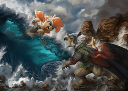Size: 1440x1020 | Tagged: safe, artist:assasinmonkey, oc, oc only, griffon, seapony (g4), first contact war, armor, clothes, cloud, digital painting, dramatic pose, fight, griffon oc, helmet, hoof hold, ocean, open mouth, predator vs prey, trident, war, war face, water, wave, weapon