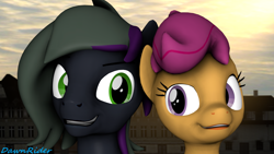 Size: 3840x2160 | Tagged: safe, artist:dawnyr, artist:dawnyrs, scootaloo, oc, oc:rome silvanus, earth pony, pegasus, pony, g4, 3d, high res, looking at each other, smiling, source filmmaker, town