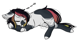 Size: 1300x691 | Tagged: safe, artist:pinkdolphin147, oc, oc only, oc:mottle tine, earth pony, pony, female, mare, onomatopoeia, simple background, sleeping, solo, sound effects, white background, zzz
