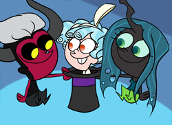 Size: 2200x1600 | Tagged: safe, artist:dancingmylifeaway, cozy glow, lord tirek, queen chrysalis, changeling, changeling queen, human, g4, antagonist, blursed, blursed image, bucktooth, crossover, cursed image, cute, evil, female, funny, hat, humanized, magic trick, not salmon, only the dead can know peace from this evil, redraw, roleplay, simple background, smiling, the fairly oddparents, trio, wat, what has magic done, what has science done