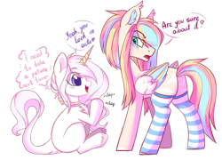 Size: 1280x920 | Tagged: safe, artist:cloud-fly, oc, oc only, pegasus, pony, unicorn, clothes, colored wings, cute, dialogue, ear fluff, female, folded wings, mare, multicolored wings, ocbetes, simple background, socks, striped socks, thought bubble, transparent background, wings