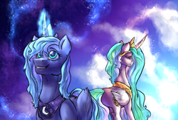 Size: 1600x1076 | Tagged: safe, artist:not-ordinary-pony, princess celestia, princess luna, alicorn, pony, g4, alternate universe, crown, duo, female, folded wings, glowing horn, horn, implied daybreaker, jewelry, mare, peytral, regalia, s1 luna, sad, smiling, twilight (astronomy), wings