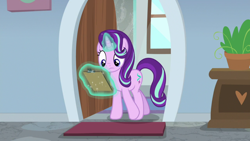 Size: 1920x1080 | Tagged: safe, screencap, starlight glimmer, pony, unicorn, a horse shoe-in, g4, clipboard, female, frown, glowing horn, horn, magic, magic aura, mare, solo, telekinesis