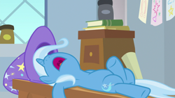 Size: 1920x1080 | Tagged: safe, screencap, trixie, pony, unicorn, a horse shoe-in, g4, clothes, female, hat, mare, misleading thumbnail, nose in the air, open mouth, sleeping, snoring, solo, trixie's hat