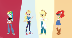 Size: 1641x863 | Tagged: safe, artist:lumi-infinite64, applejack, rainbow dash, human, equestria girls, g4, ashleigh ball, clothes, clothes swap, crossover, equestria girls-ified, female, johnny test, mary test, solo, voice actor joke
