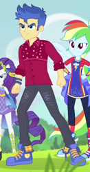 Size: 514x982 | Tagged: safe, screencap, flash sentry, rainbow dash, rarity, human, cheer you on, equestria girls, g4, my little pony equestria girls: better together, blue sneakers, clothes, converse, cropped, female, male, pants, shoes, super ponied up