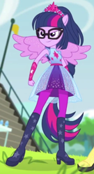 Size: 454x843 | Tagged: safe, screencap, sci-twi, sunset shimmer, twilight sparkle, human, cheer you on, equestria girls, g4, my little pony equestria girls: better together, boots, bracer, clenched fist, clothes, cropped, cutie mark on clothes, determined smile, female, glasses, hairstyle, jewelry, knee-high boots, offscreen character, ponied up, regalia, shirt, shoes, skirt, sleeveless, sleeveless shirt, smiling, solo, super ponied up, wings