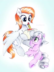 Size: 2303x3072 | Tagged: safe, artist:liaaqila, sweet pop, oc, oc:sky chase, pegasus, pony, g4, autograph, cute, female, high res, traditional art
