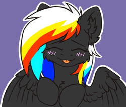Size: 1949x1668 | Tagged: safe, artist:dorkmark, oc, oc only, oc:darky wings, pegasus, pony, cheek fluff, cute, ear fluff, eyes closed, multicolored hair, outline, purple background, simple background, solo, tongue out, white outline, wings