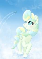 Size: 1749x2421 | Tagged: safe, artist:tetsunoshin, vapor trail, pegasus, pony, g4, cloud, female, mare, sky