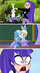 Size: 906x1629 | Tagged: safe, edit, edited screencap, screencap, derpy hooves, trixie, pony, rabbit, unicorn, a matter of principals, g4, animal, bunny out of the hat, comic, comparison, dc superhero girls, female, grabbing, hat, holding wings, magic, magic trick, mare, pony out of a hat, screencap comic, shocked, shrunken pupils, surprised, zatanna