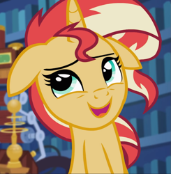 Size: 917x936 | Tagged: safe, screencap, sunset shimmer, pony, unicorn, equestria girls, equestria girls specials, g4, my little pony equestria girls: mirror magic, cropped, female, floppy ears, nervous laugh, open mouth, solo