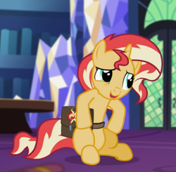 Size: 547x536 | Tagged: safe, screencap, sunset shimmer, pony, unicorn, equestria girls, equestria girls specials, g4, my little pony equestria girls: mirror magic, bag, cropped, female, open mouth, saddle bag, sitting, smiling, solo