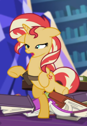 Size: 372x536 | Tagged: safe, screencap, sunset shimmer, pony, unicorn, equestria girls, equestria girls specials, g4, mirror magic, bag, bipedal, cropped, female, in the human world for too long, losing balance, open mouth, saddle bag, solo
