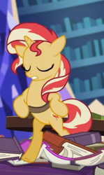 Size: 336x562 | Tagged: safe, screencap, sunset shimmer, pony, unicorn, equestria girls, equestria girls specials, g4, my little pony equestria girls: mirror magic, bipedal, book, cropped, eyes closed, female, floppy ears, in the human world for too long, losing balance, mare, solo