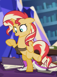 Size: 397x534 | Tagged: safe, screencap, sunset shimmer, pony, unicorn, equestria girls, equestria girls specials, g4, my little pony equestria girls: mirror magic, bipedal, book, cropped, female, floppy ears, in the human world for too long, losing balance, solo