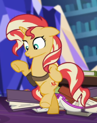 Size: 402x514 | Tagged: safe, screencap, sunset shimmer, pony, unicorn, equestria girls, equestria girls specials, g4, mirror magic, bag, bipedal, book, cropped, female, floppy ears, in the human world for too long, losing balance, saddle bag, solo
