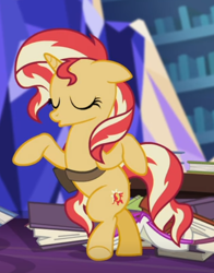 Size: 412x526 | Tagged: safe, screencap, sunset shimmer, pony, unicorn, equestria girls, equestria girls specials, g4, mirror magic, animation error, bipedal, book, cropped, eyes closed, female, floppy ears, in the human world for too long, losing balance