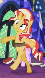 Size: 510x867 | Tagged: safe, screencap, starlight glimmer, sunset shimmer, pony, unicorn, equestria girls, equestria girls specials, g4, my little pony equestria girls: mirror magic, bag, bipedal, cropped, female, in the human world for too long, losing balance, mare, offscreen character, saddle bag, solo focus