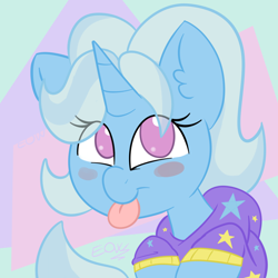 Size: 1500x1500 | Tagged: safe, artist:da52, gameloft, trixie, pony, unicorn, g4, alternate hairstyle, babysitter trixie, blushing, clothes, cute, diatrixes, female, gameloft interpretation, hoodie, mare, simple background, solo, tongue out