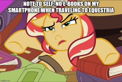 Size: 738x500 | Tagged: safe, edit, edited screencap, screencap, sunset shimmer, unicorn, equestria girls, equestria girls specials, g4, my little pony equestria girls: mirror magic, book, caption, female, image macro, solo, text