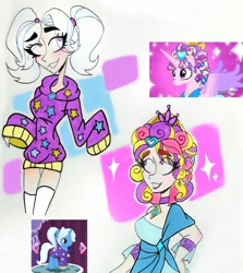 Size: 2607x2929 | Tagged: safe, artist:citi, gameloft, screencap, princess cadance, trixie, human, g4, games ponies play, alternate hairstyle, babysitter trixie, ceremonial headdress, clothes, dress, high res, hoodie, humanized, pigtails, scene interpretation, screencap reference, traditional art