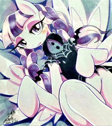 Size: 1826x2048 | Tagged: safe, artist:025aki, inky rose, pegasus, pony, g4, blushing, female, looking at you, mare, on back, solo, traditional art