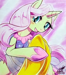 Size: 1813x2048 | Tagged: safe, artist:025aki, lily lace, pony, unicorn, g4, blushing, female, looking at you, mare, smiling, solo, traditional art