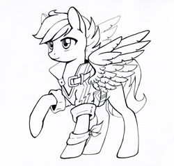 Size: 700x669 | Tagged: safe, artist:maytee, scootaloo, pegasus, pony, g4, clothes, female, grayscale, jacket, monochrome, solo, traditional art