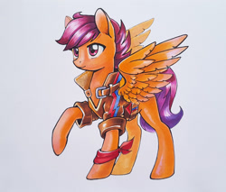 Size: 1500x1277 | Tagged: safe, artist:maytee, scootaloo, pegasus, pony, g4, bandage, bandana, clothes, female, jacket, large wings, marker drawing, older, older scootaloo, scarf, simple background, solo, spread wings, traditional art, white background, wings