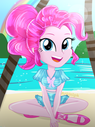 Size: 1536x2048 | Tagged: safe, artist:artmlpk, pinkie pie, equestria girls, g4, adorable face, adorkable, alternate hairstyle, beach, beautiful, bow, clothes, cute, diapinkes, digital art, dork, female, island, looking at you, midriff, open mouth, palm tree, plant, ponytail, rainbow, sandals, sitting, smiling, smiling at you, solo, swimsuit, tree, vacation, water, watermark