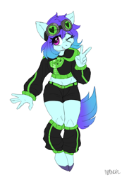 Size: 1316x1906 | Tagged: safe, artist:neoncel, oc, oc only, oc:raven mcchippy, earth pony, anthro, clothes, female, goggles, hoodie, leg warmers, one eye closed, peace sign, shorts, solo