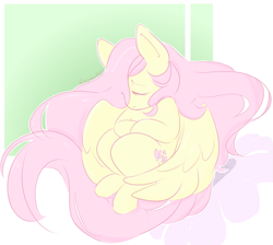 Size: 1109x993 | Tagged: safe, artist:cooljuicecat, fluttershy, pegasus, pony, g4, abstract background, curled up, eyes closed, female, hair over one eye, mare, outline, partially open wings, pastel colors, solo, three quarter view, white outline, wings