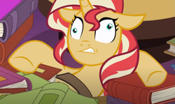 Size: 1203x719 | Tagged: safe, screencap, sunset shimmer, pony, unicorn, equestria girls, equestria girls specials, g4, my little pony equestria girls: mirror magic, book, cropped, derp, disoriented, female, floppy ears, solo